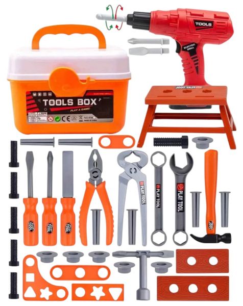 Realistic Tool Set With Electric Drill and Storage Box - Orange - Set of 42