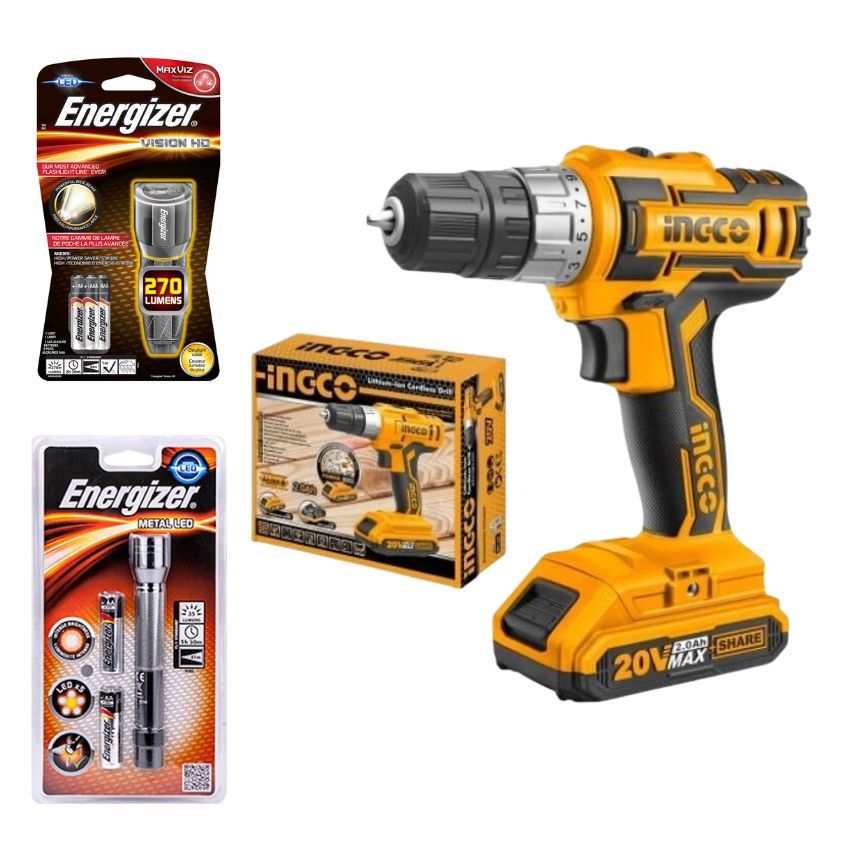 Ingco - Lithium-Ion Cordless Drill 20V,Battery,Charger & Energizer Torches