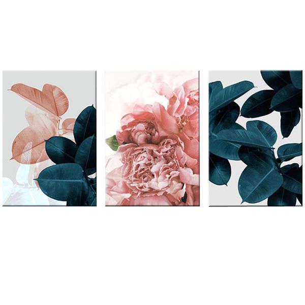 Canvas-Art-3 Pieces Pink Rose Green Leaves Abstract Wall Art