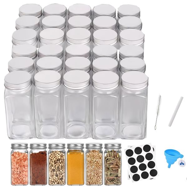36 Piece 120ml Square Glass Spice Jars with Lid Labels Brush Pen Funnel