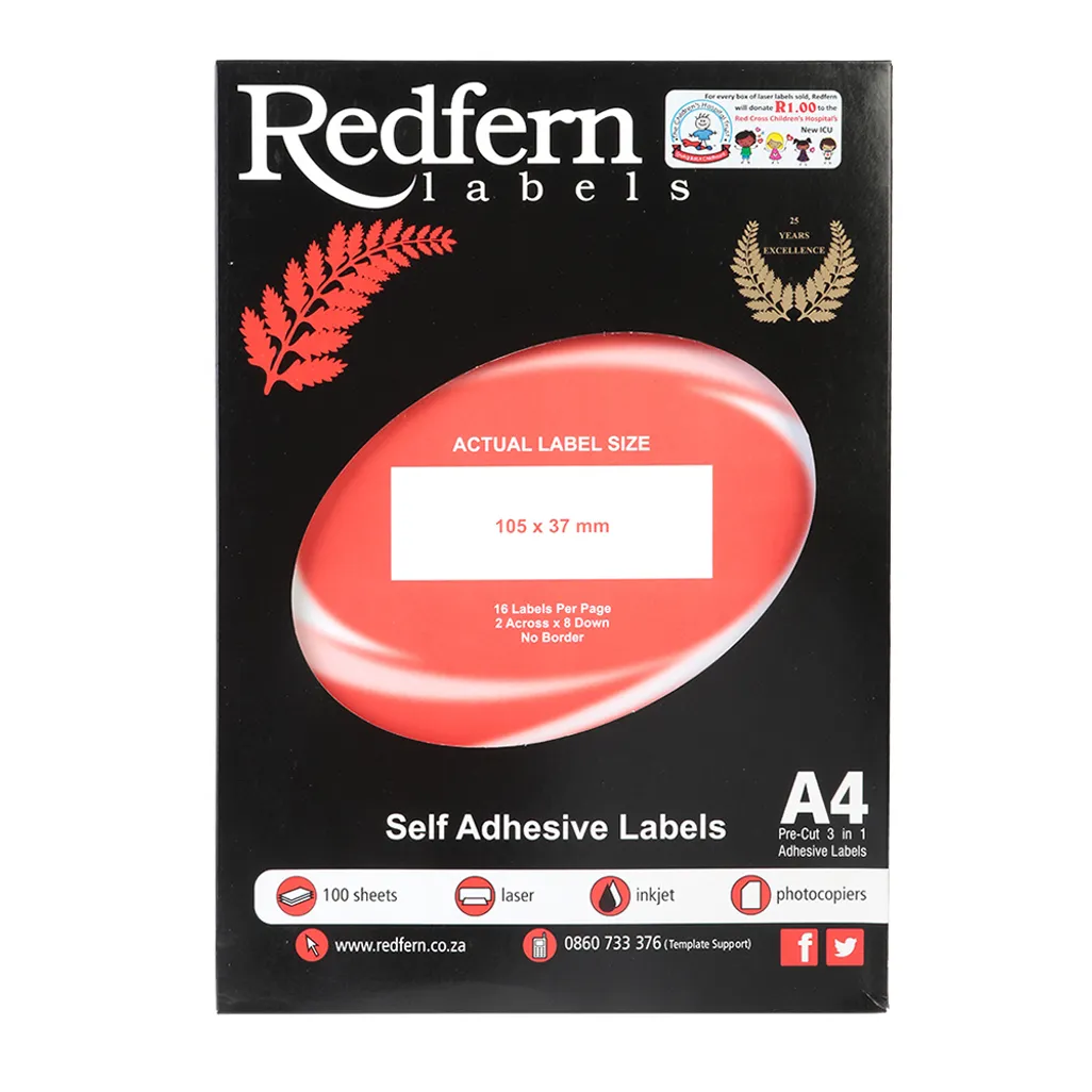 Redfern Self Adhesive Labels Laser Jet A4 Flat Sheets 105mm x 37mm