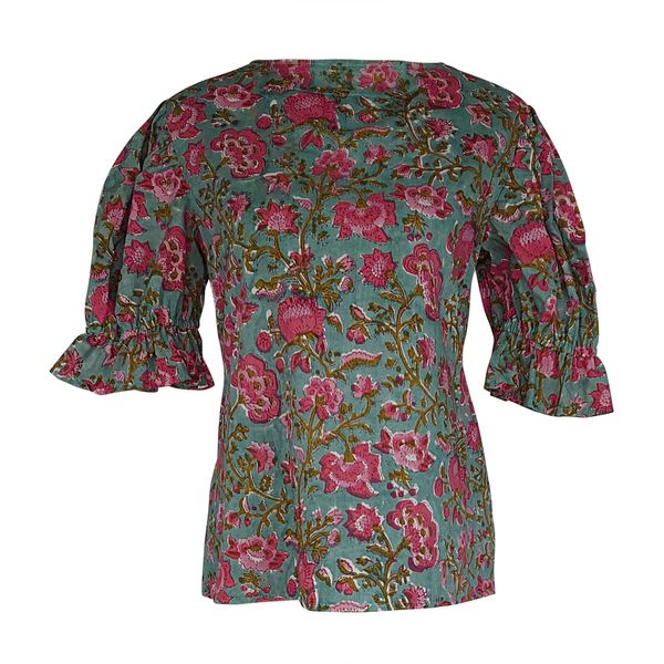 Casual Puff Sleeves Floral Print Women Top Size