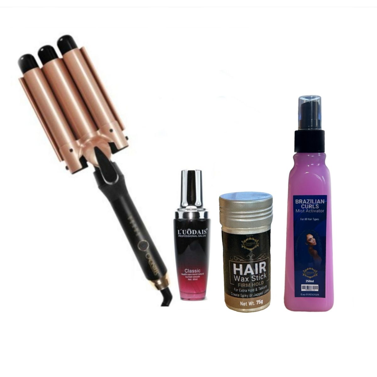 3 Barrel Hair Curler - Weave Care Serum & Curls Activator with Hair Wax Stick