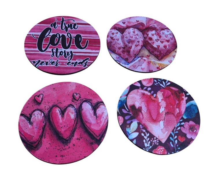 4-Piece Coaster Set with Rubber Backing - Love Story Quote &amp; Big Hearts