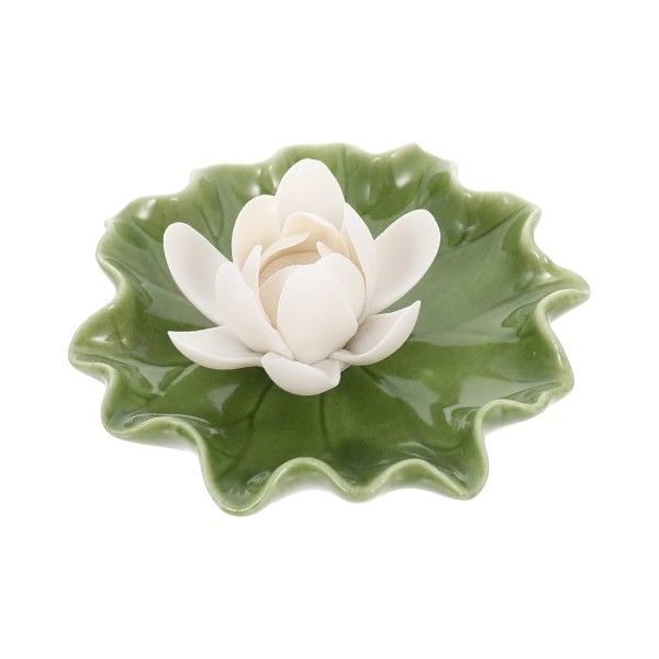 Porcelain Lotus Flower Incense Stick Holder - Green &amp; White