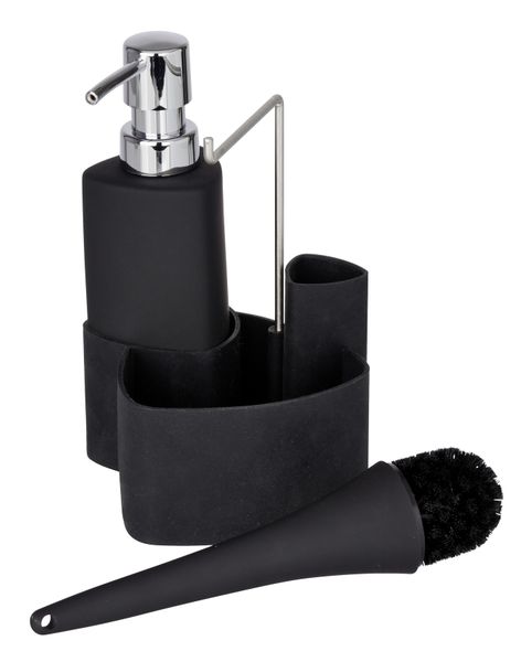 Wenko - Washing-Up Set - Dispenser/Brush/Cloth Holder - Ceramic - Black