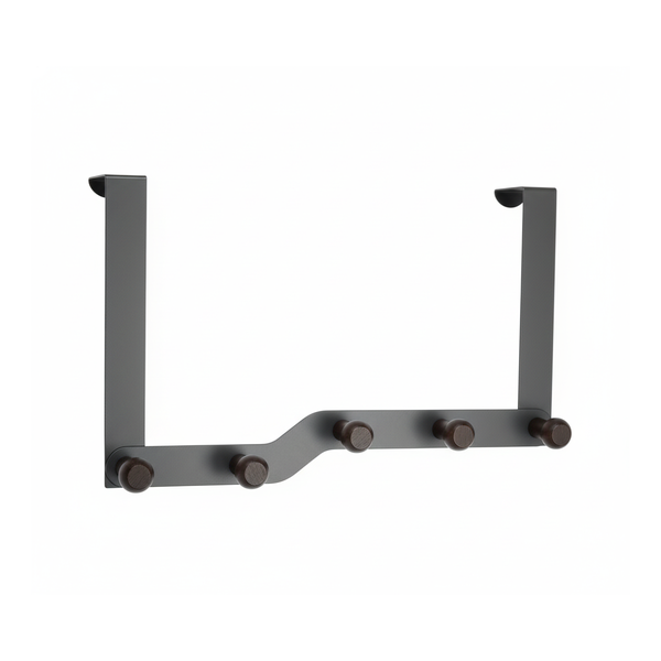 Over the Door 5-Hook Organizer Rack | No-Drill, Wooden Pegs, Metal