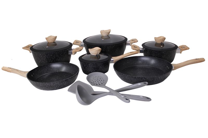 LMA Queens Time 13 Pieces Non-Stick Cookware &amp; Utensil Set - Glass Lid