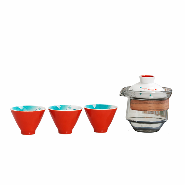 Portable Ceramic Travel Tea Cup Set, One Pot Three Cups with Case