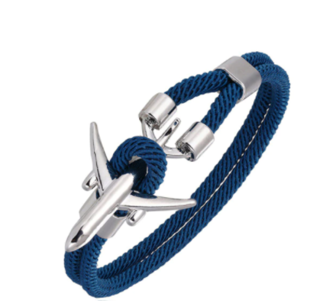 YALLI Men /Women Nylon Rope Metal Aeroplane Bracelet Navy/Silver