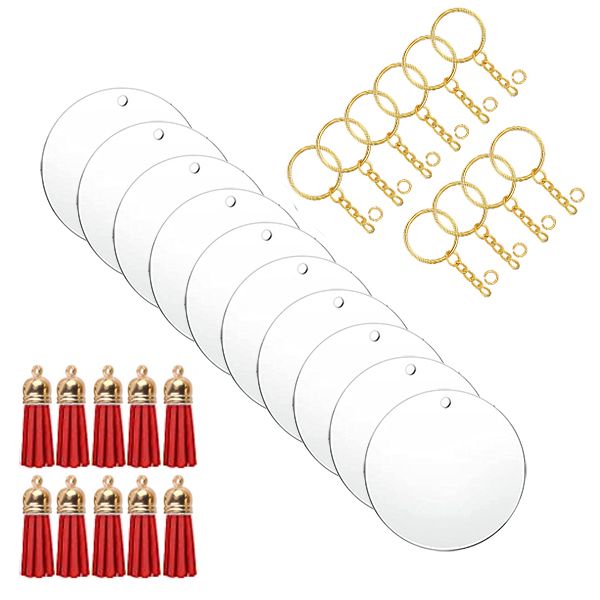 Clear Acrylic Blank Round Keyring Red Tassel Kit - Gold