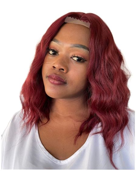 Synthetic 16 inch Red Wavy Middle-Part Wig