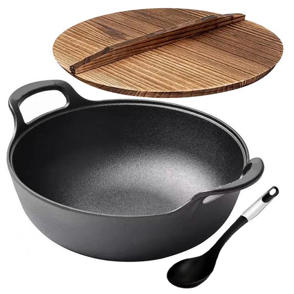 30cm Round - Tradition Pre Seasoned Cast Iron Wok with Wooden Lid