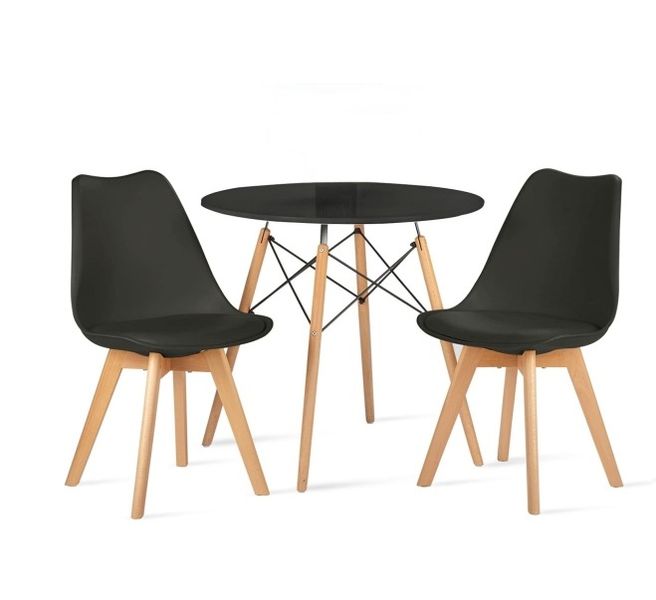 Minimalistic Dining Set with 1 Round Table and 2 Padded Wooden Leg Chairs - Black