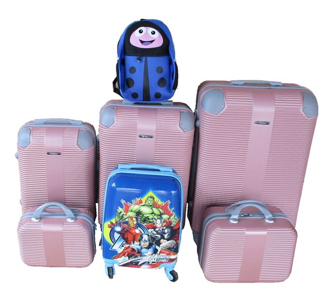 5-Piece Pink ABS Luggage Set with Avengers Kids Trolley &amp; Ladybug Backpack
