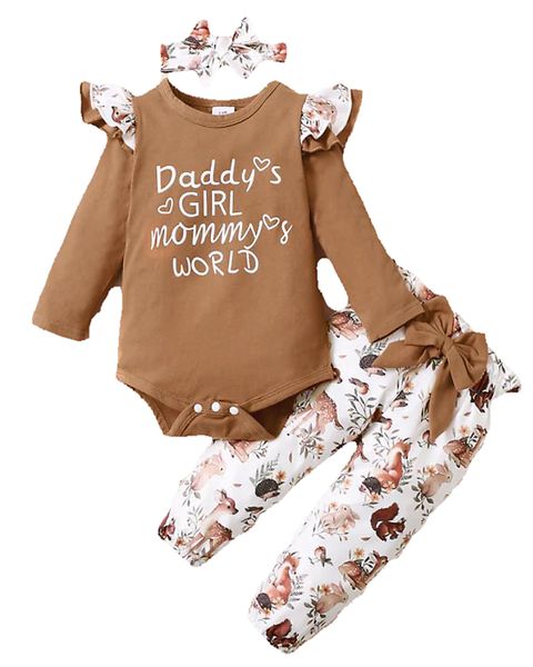 3Piece Baby Long-sleeve Romper and Floral Trousers Set- Brown