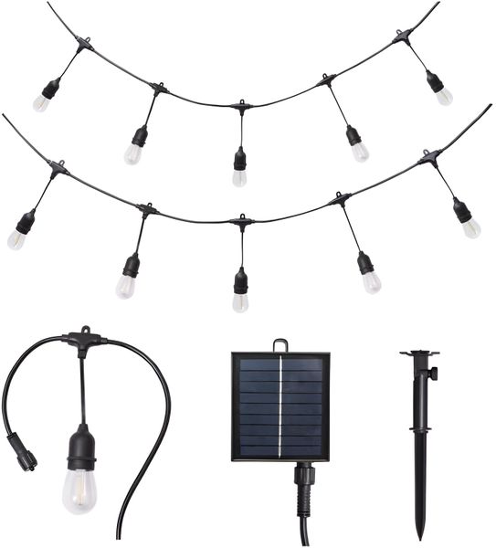 10m LED Solar Powered Outdoor Hanging Bulb Socket String Light - 20-Bulb WW