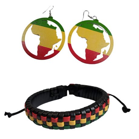 Faux Leather Bracelet and Africa Map in Circle Wood Earrings Image