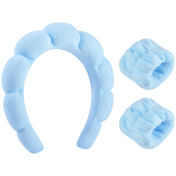 Microfiber Spa Headband With 2 Absorbent Wrist Washbands - Blue