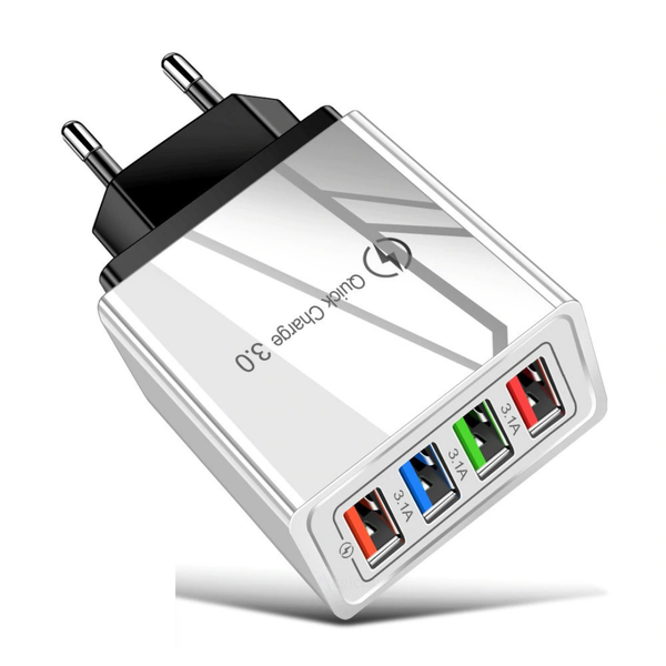 USB Wall Charger/ Adapter - 4 Port Fast Charge Compatible - White &amp; Black