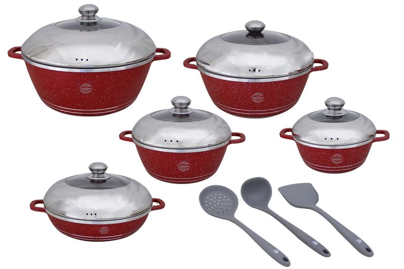 10 Piece Dessini Die Cast Aluminum Marble Coated NonStick Pot Set &amp; 3 Utensils