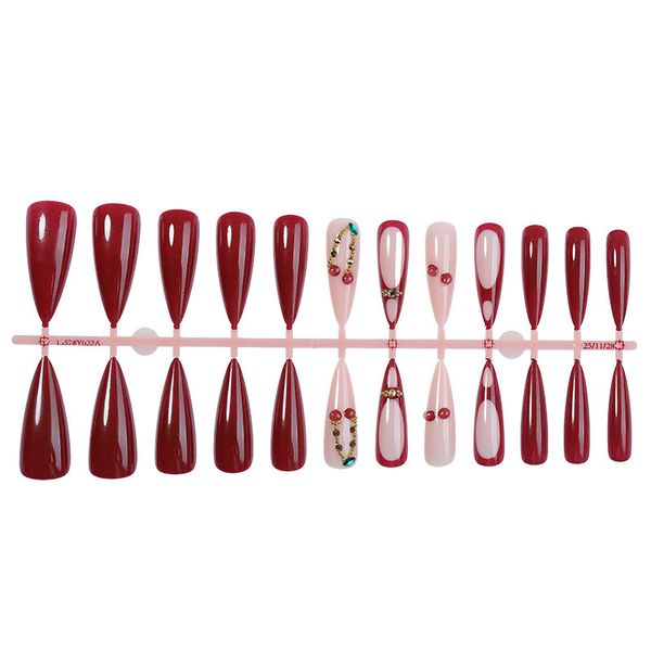 long almond-shaped cherry 3D handmade press-on nails,