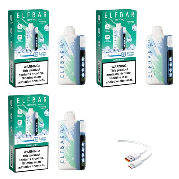 Elfbar Ice King 25k Miami Mint +DiscoVape Charging Cable (Pack of 3)