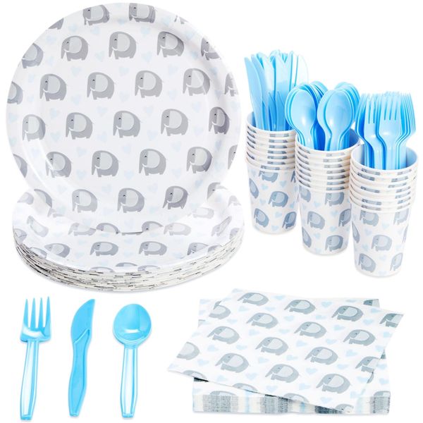 Topika - 144-Piece Baby Boy Elephant Party Plates and Paper Tableware Set