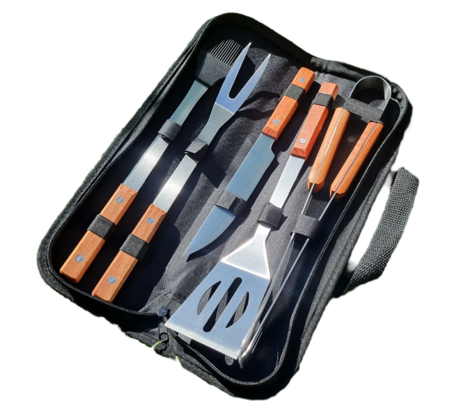 5 Pieces Stainless Steel Braai Utensil Set With Wooden Handle In Carry Case
