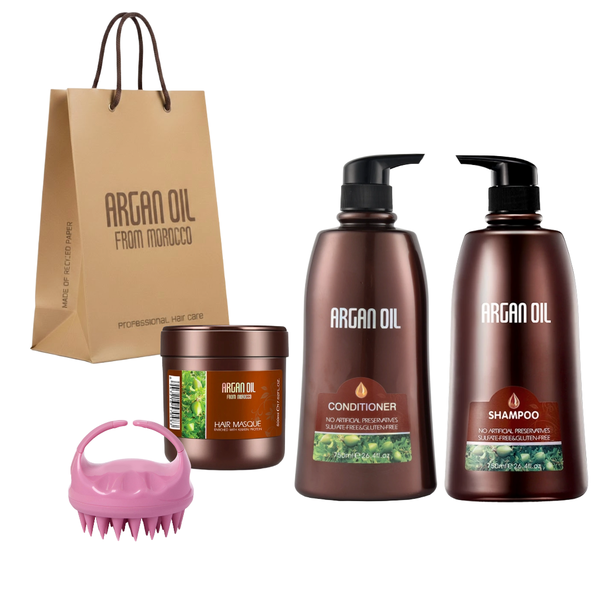 Argan Oil 750ml Shampoo, Conditioner, 500ml Keratin Masque &amp; Scalp Massager