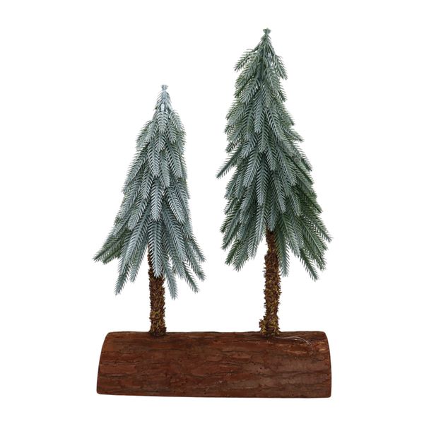 Dual Mini Christmas Trees on Wooden Base - 38cm Tall