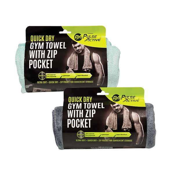 Pulse Active Fitness Gym Towel with Pocket - Grey &amp; Teal (2 Pack)