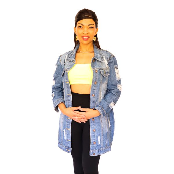 Ladies Fashion Design Long Denim Jacket With Rip