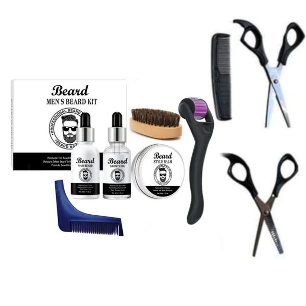 Men 9 Pieces Treatment Kit with Derma Roller, Shaping Brush &amp; Scissors Set