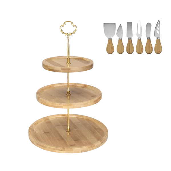 3 Tier Wooden Serving Board &amp; 6-Piece Cheese Knife Set &amp; Silicone Tong