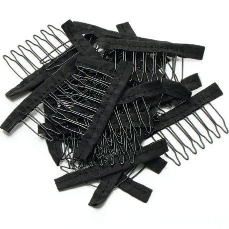 SWACC 100 Pcs Wig Combs for Making Wig Caps 7-teeth Metal Snap Steel Teeth  with Cloth to secure wig no sew (Black, 7-Teeth Wip Comb)