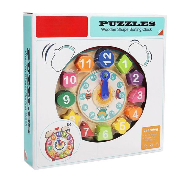 Wooden Clock Puzzle with Shape Sorting Blocks suitable for Ages 2-5