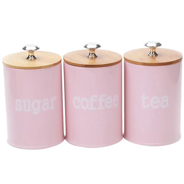 Kings Set of 3 Metal Food Storage Tin Jar with Bamboo Lid
