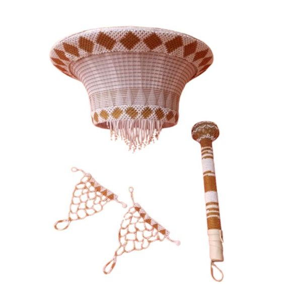 3 Piece Traditional White and Gold Large Zulu African Isicholo Hat Set
