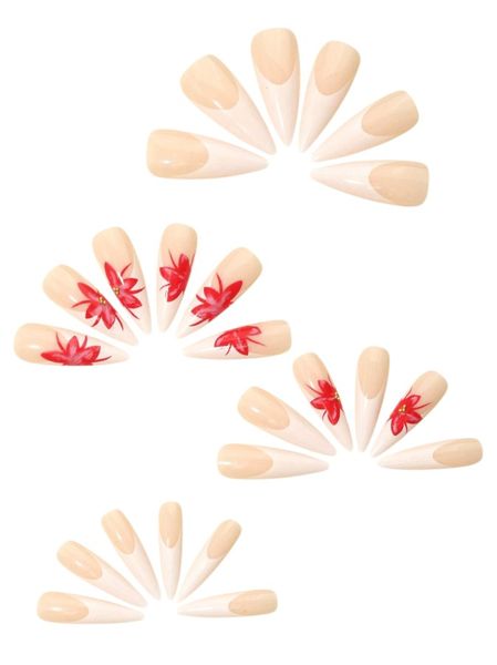 24 Piece - Long Stiletto French Tip Nails With Floral Accent - Multicolor