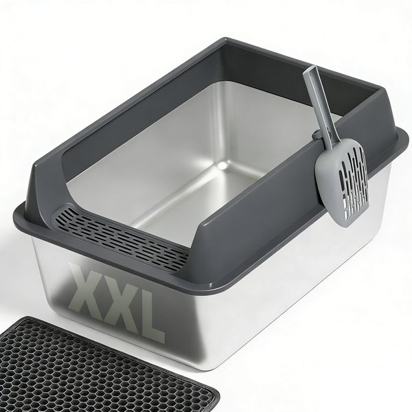 Stainless Steel Cat Litter Box Large With Litter Mat &amp; Scoop - Grey