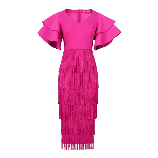 Women's V Neck Evening Party Dress Plus Size Tassel Ruffle Sleeve
