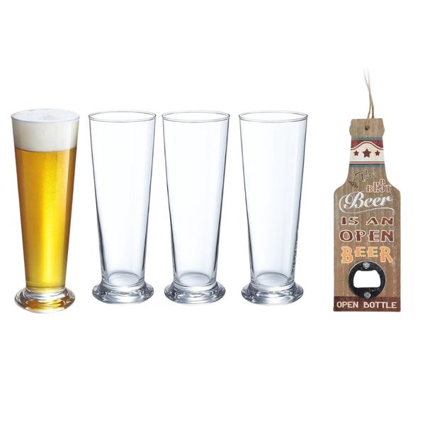 4-Piece Beer Glass Set - 370ml Each - Beer Glasses with Bottle Opener - Set