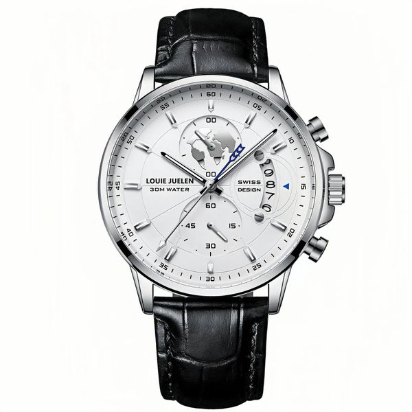 LOUIE JUELEN Men's Fashion Business Quartz Watch, Genuine Leather Strap