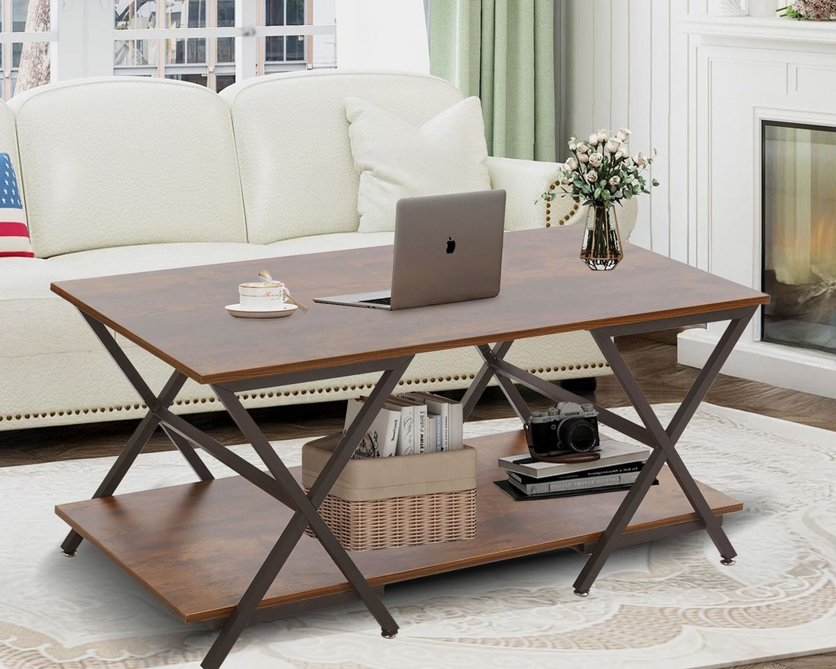 Coffee Table 2 Tier Rectangle Center Table Wooden Tea Table with Storage