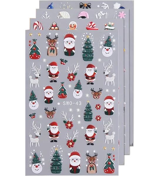 Christmas 3D Nail Stickers, Self Adhesive Nail Art Stickers, 4 Sheets