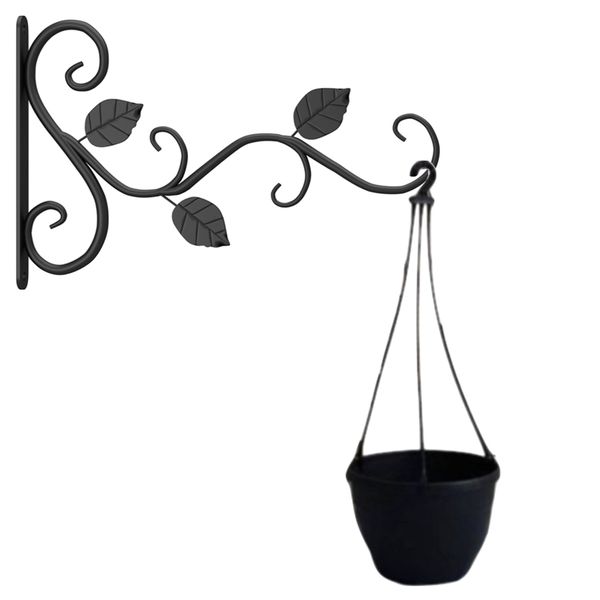Garden Decor Wall Mounted Leaf Flower Pot Hook With Hanging Black Pot Plant