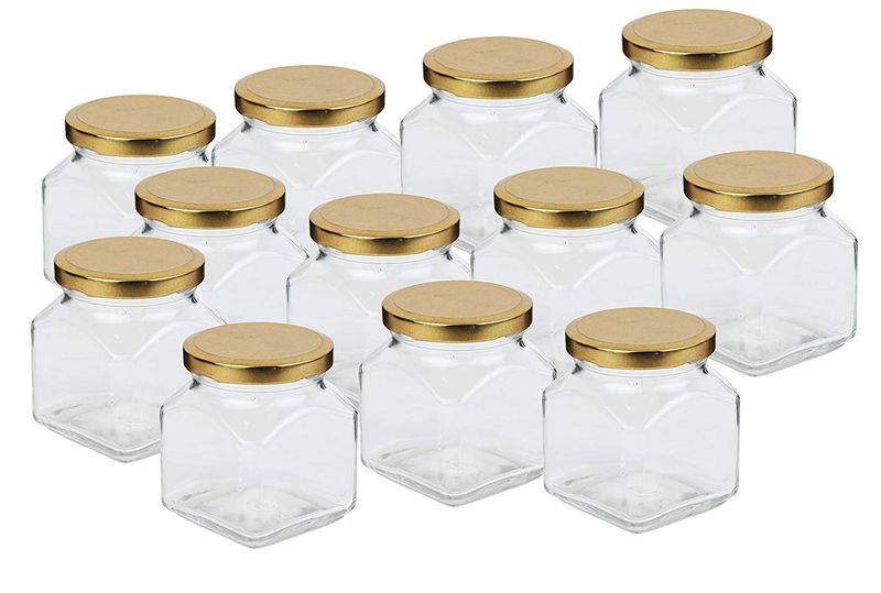 Square Glass Jar with Golden Lid 250ml - Set Of 12
