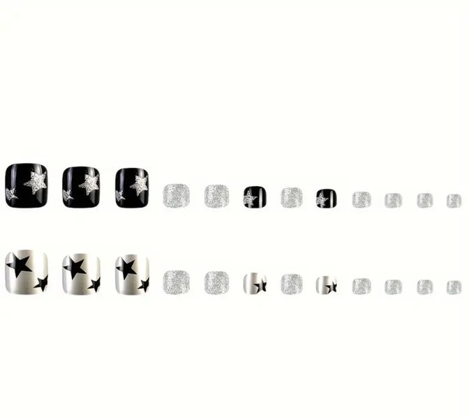 24 piece Black &amp; Silver Star Press On Toenails