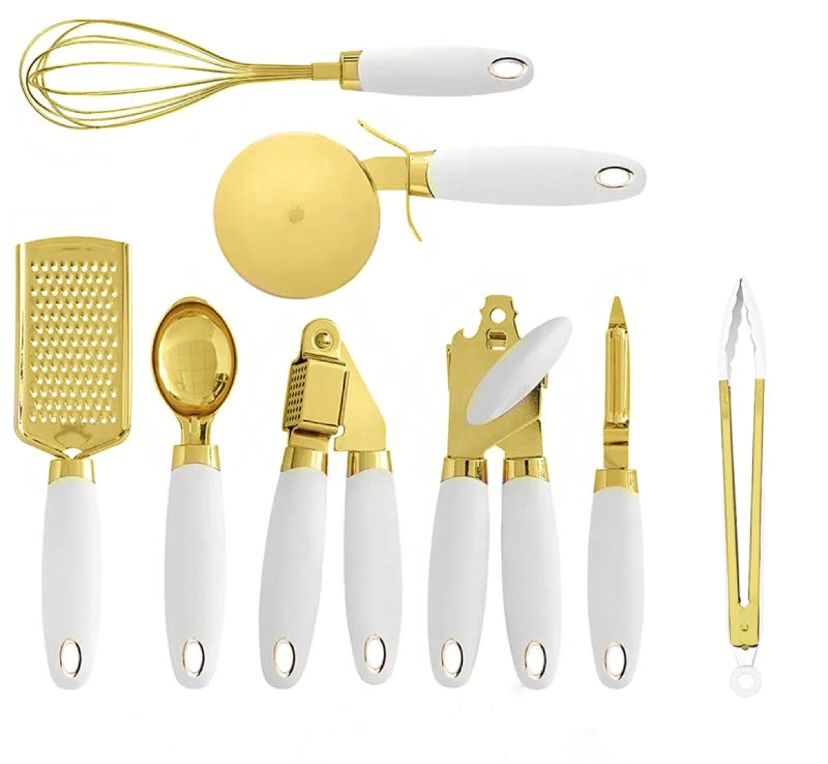 White & Gold Kitchen Tools and Gadgets - Luxe 8pc Cooking Tools and Gadgets with Anti-Slip Handles, Gold Utensils Set, Gold Kitchen Accessories and